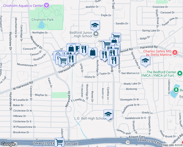 map of restaurants, bars, coffee shops, grocery stores, and more near 404 Miranda Terrace in Bedford