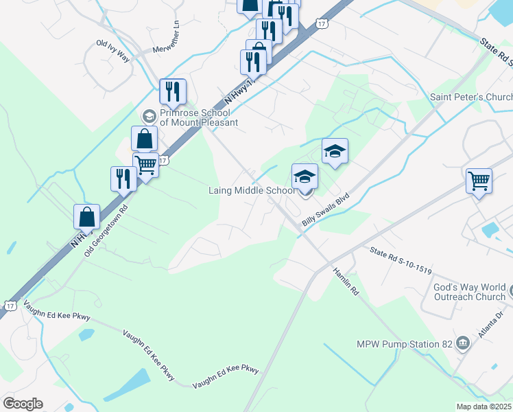 map of restaurants, bars, coffee shops, grocery stores, and more near 2631 Lohr Drive in Mount Pleasant