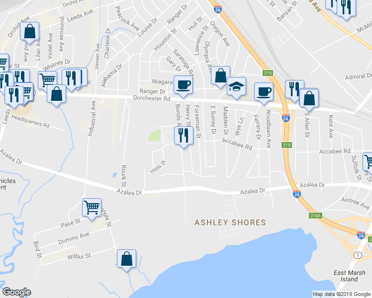 map of restaurants, bars, coffee shops, grocery stores, and more near 2701 Bonds Avenue in North Charleston