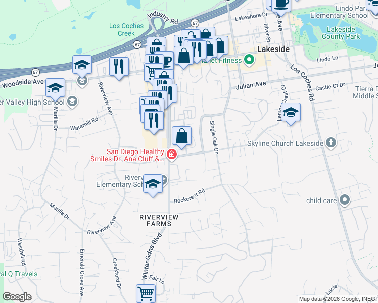 map of restaurants, bars, coffee shops, grocery stores, and more near 12152 Lemon Crest Drive in Lakeside
