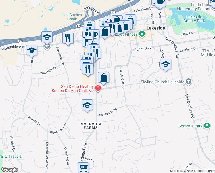 map of restaurants, bars, coffee shops, grocery stores, and more near 12152 Lemon Crest Drive in Lakeside