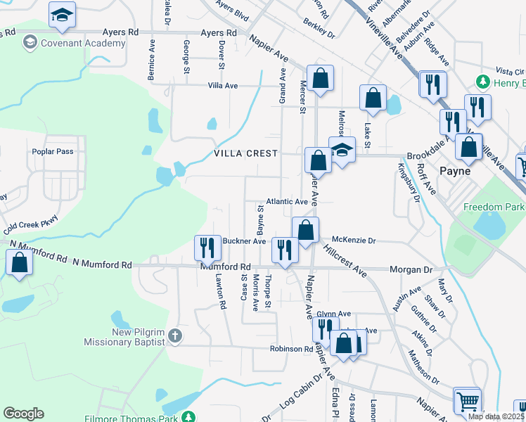 map of restaurants, bars, coffee shops, grocery stores, and more near 3689 Bayne Street in Macon