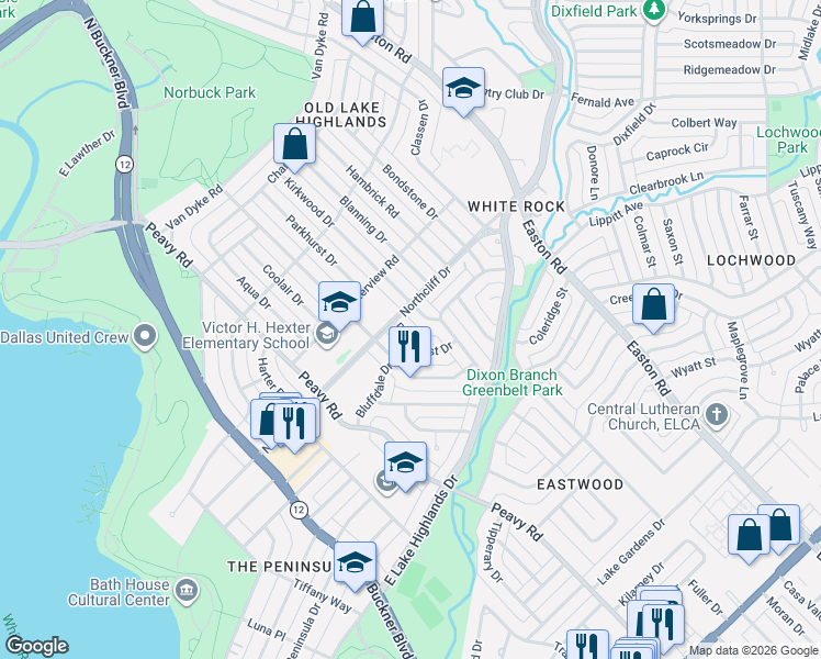 map of restaurants, bars, coffee shops, grocery stores, and more near 716 Parkhurst Drive in Dallas