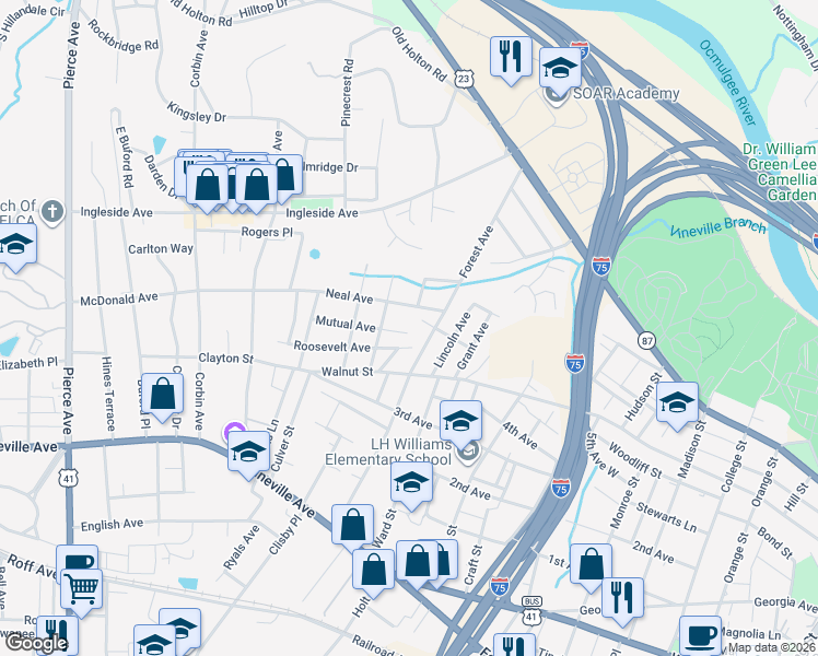 map of restaurants, bars, coffee shops, grocery stores, and more near 2055 Mutual Avenue in Macon