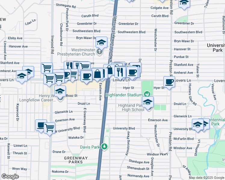map of restaurants, bars, coffee shops, grocery stores, and more near 6919 Lomo Alto Drive in Dallas