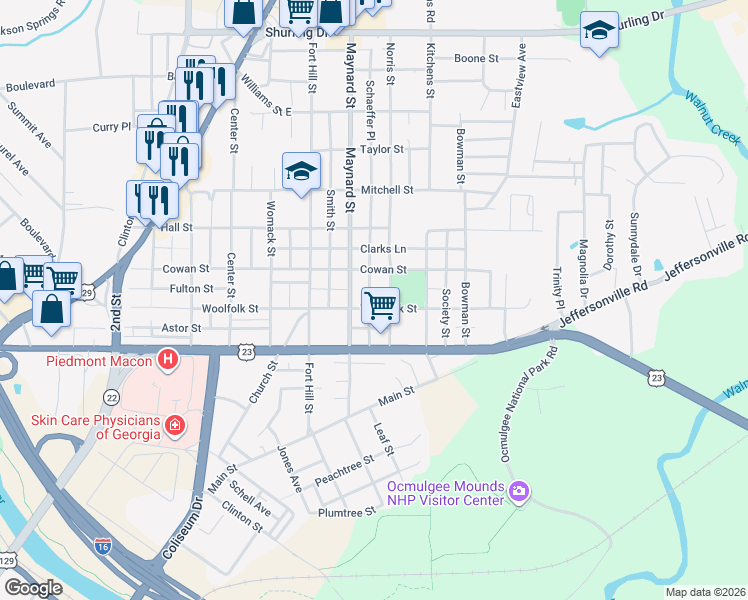 map of restaurants, bars, coffee shops, grocery stores, and more near 715 Schaeffer Place in Macon