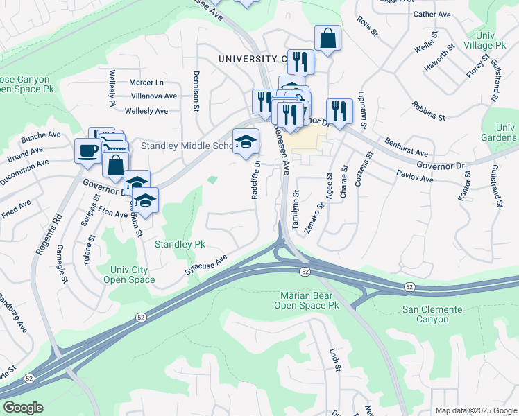map of restaurants, bars, coffee shops, grocery stores, and more near 6195 Radcliffe Drive in San Diego
