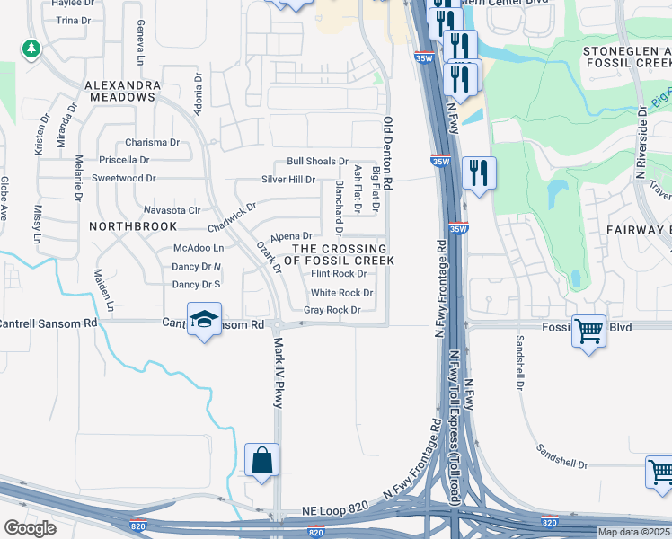 map of restaurants, bars, coffee shops, grocery stores, and more near 2729 Flint Rock Dr in Fort Worth