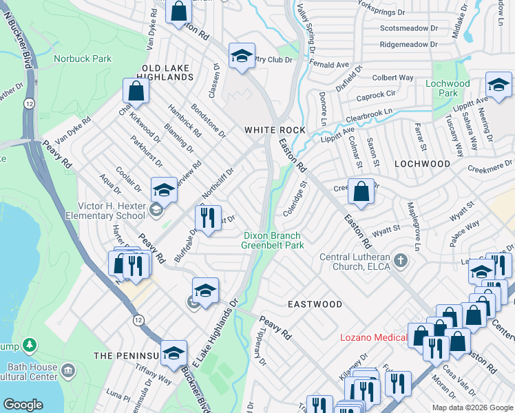 map of restaurants, bars, coffee shops, grocery stores, and more near 846 Creekridge Drive in Dallas