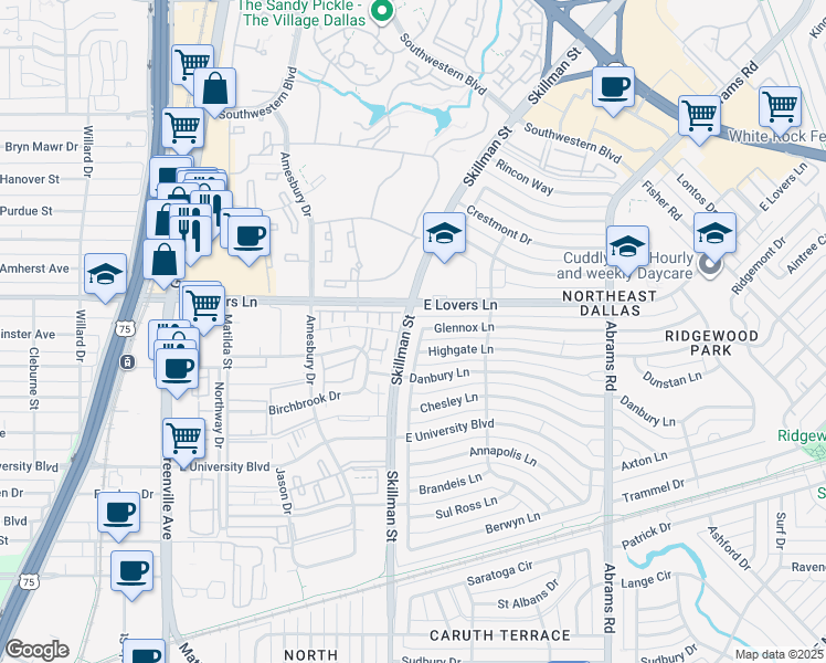 map of restaurants, bars, coffee shops, grocery stores, and more near 5119 Creighton Drive in Dallas