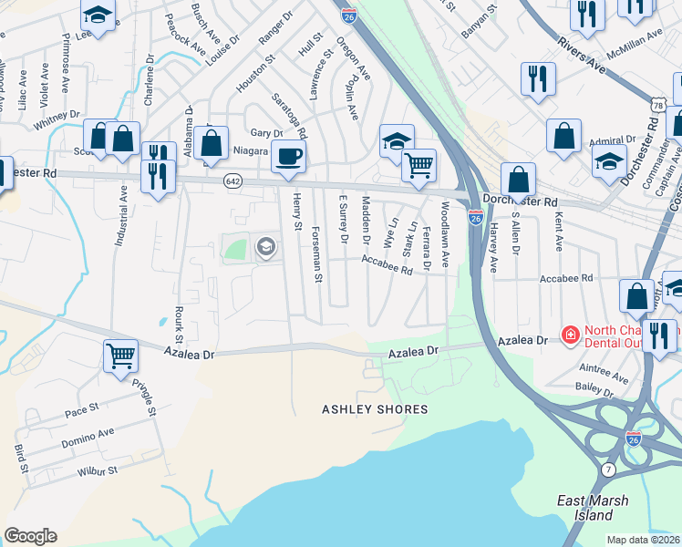 map of restaurants, bars, coffee shops, grocery stores, and more near 2747 East Surrey Drive in North Charleston