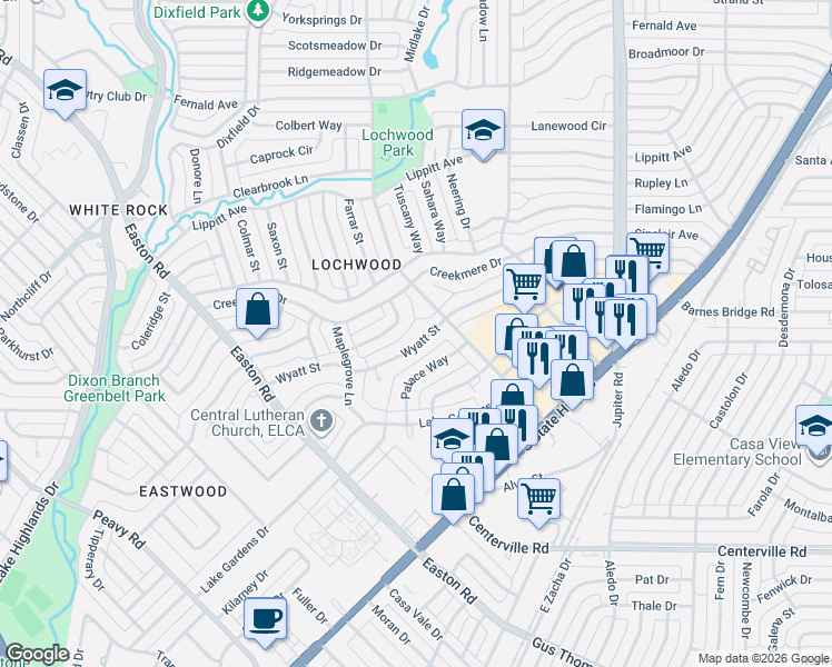 map of restaurants, bars, coffee shops, grocery stores, and more near 10854 Waterbridge Circle in Dallas