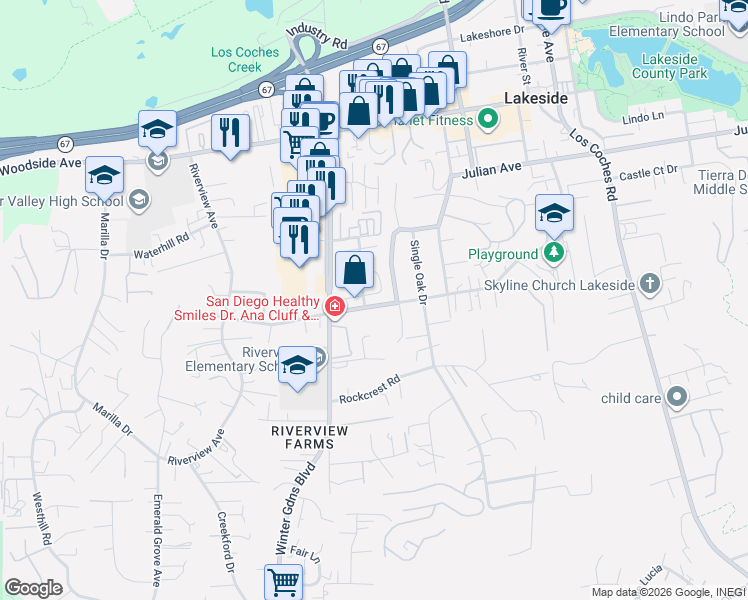 map of restaurants, bars, coffee shops, grocery stores, and more near 12152 Lemon Crest Drive in Lakeside