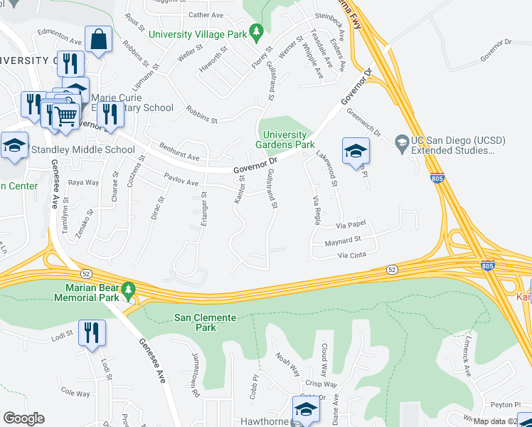 map of restaurants, bars, coffee shops, grocery stores, and more near 6011 Gullstrand Street in San Diego