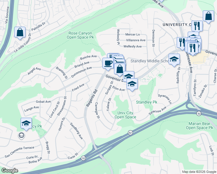 map of restaurants, bars, coffee shops, grocery stores, and more near 6026 Scripps Street in San Diego