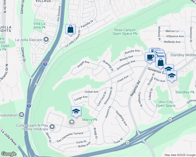 map of restaurants, bars, coffee shops, grocery stores, and more near 6126 Travers Way in San Diego