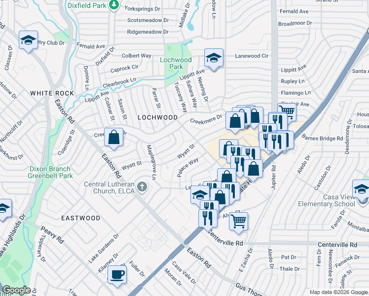 map of restaurants, bars, coffee shops, grocery stores, and more near 10854 Waterbridge Circle in Dallas