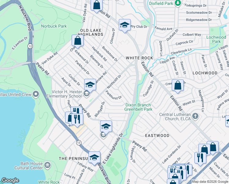 map of restaurants, bars, coffee shops, grocery stores, and more near 716 Parkhurst Drive in Dallas