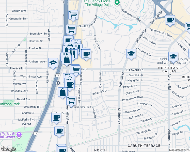 map of restaurants, bars, coffee shops, grocery stores, and more near 5201 Amesbury Drive in Dallas