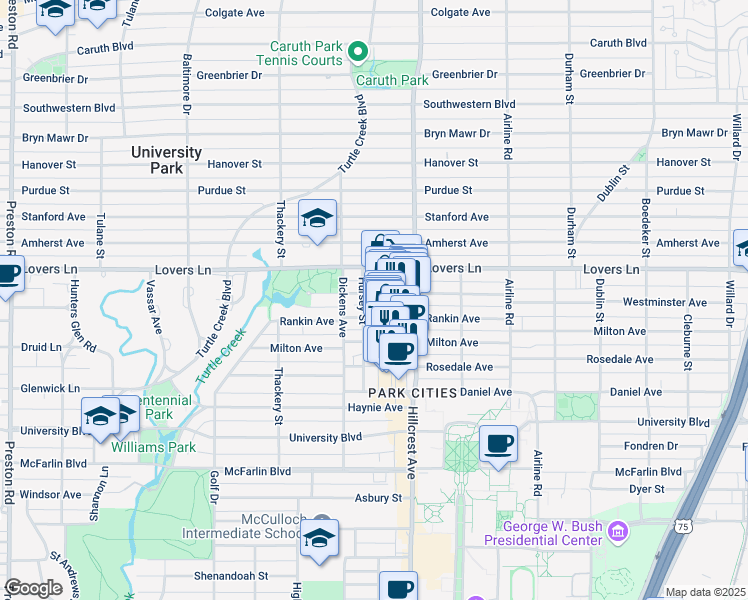 map of restaurants, bars, coffee shops, grocery stores, and more near 3429 Westminster Avenue in Dallas