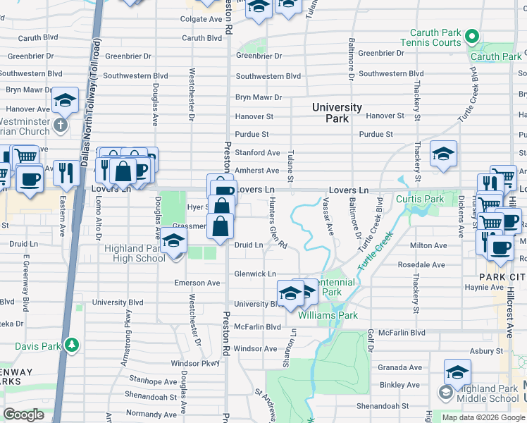map of restaurants, bars, coffee shops, grocery stores, and more near 4024 Grassmere Lane in Dallas