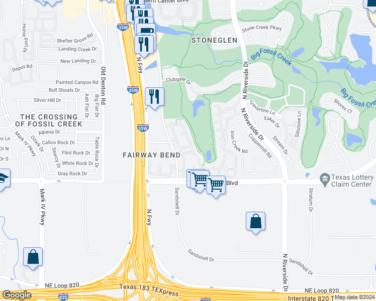 map of restaurants, bars, coffee shops, grocery stores, and more near 5750 Sandshell Circle East in Fort Worth
