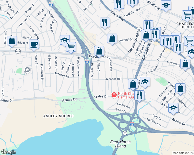 map of restaurants, bars, coffee shops, grocery stores, and more near 2632 South Allen Drive in North Charleston