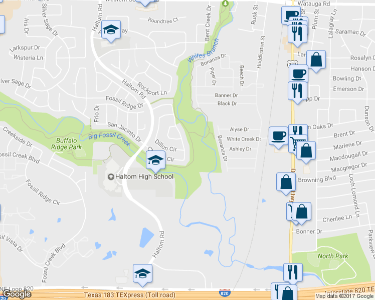 map of restaurants, bars, coffee shops, grocery stores, and more near 5220 Chessie Circle in Haltom City