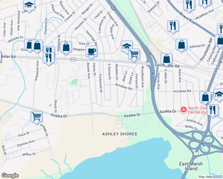map of restaurants, bars, coffee shops, grocery stores, and more near 2747 East Surrey Drive in North Charleston
