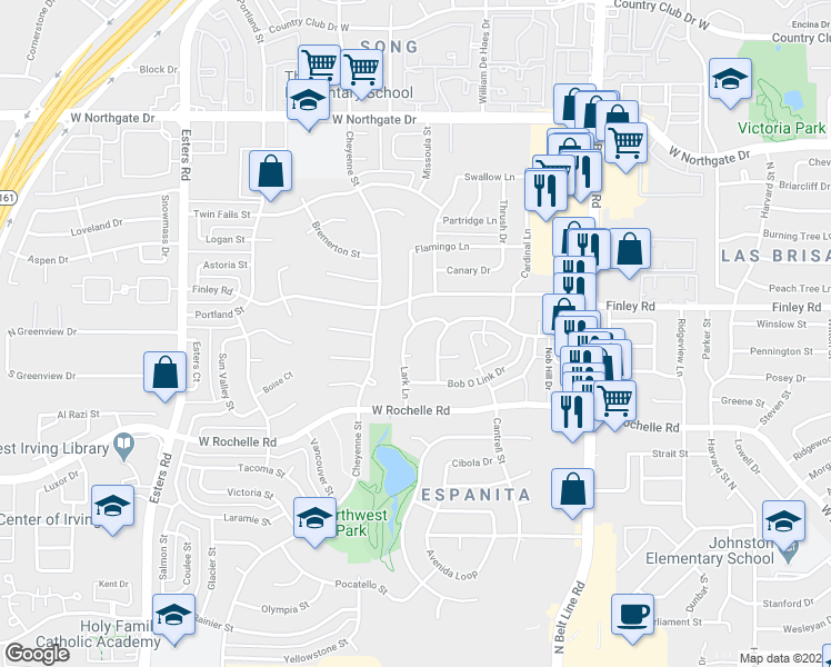 map of restaurants, bars, coffee shops, grocery stores, and more near 3122 Lark Lane in Irving