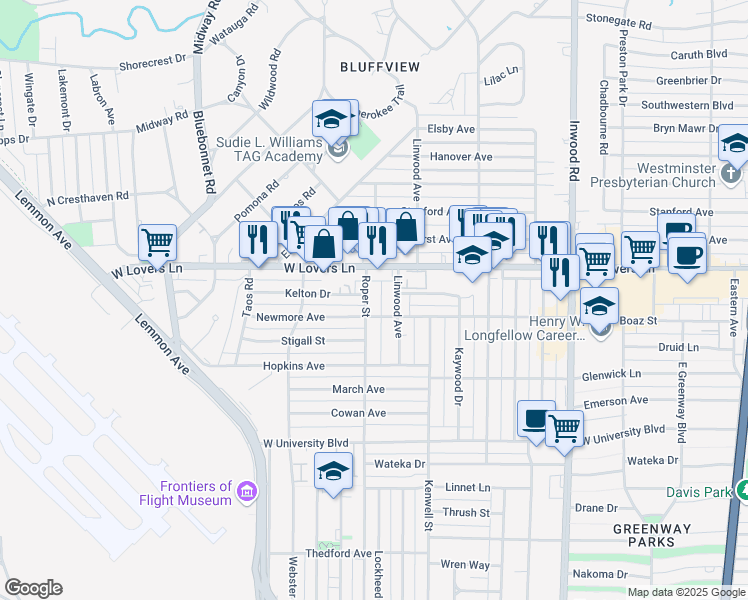 map of restaurants, bars, coffee shops, grocery stores, and more near 7714 Roper St in Dallas