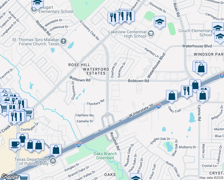 map of restaurants, bars, coffee shops, grocery stores, and more near Whitetail Lane in Garland
