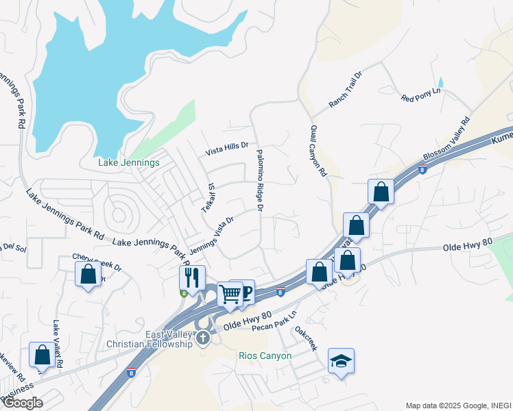map of restaurants, bars, coffee shops, grocery stores, and more near 9311 Palomino Ridge Drive in Lakeside