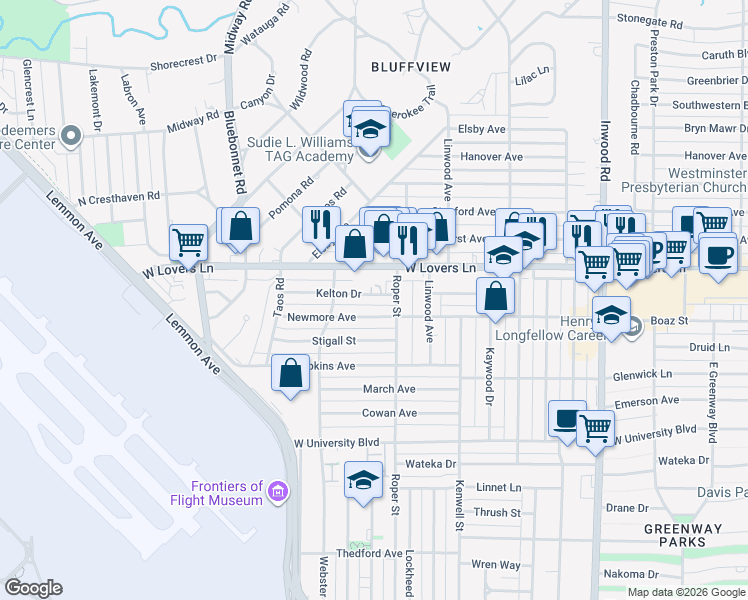 map of restaurants, bars, coffee shops, grocery stores, and more near 4610 Kelton Drive in Dallas