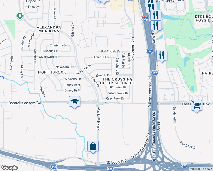 map of restaurants, bars, coffee shops, grocery stores, and more near 2701 Flint Rock Drive in Fort Worth