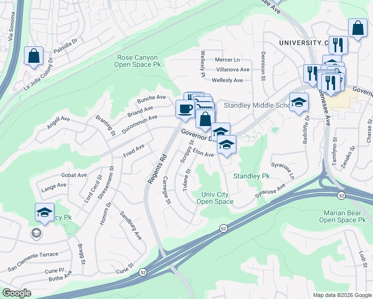 map of restaurants, bars, coffee shops, grocery stores, and more near 6026 Scripps Street in San Diego