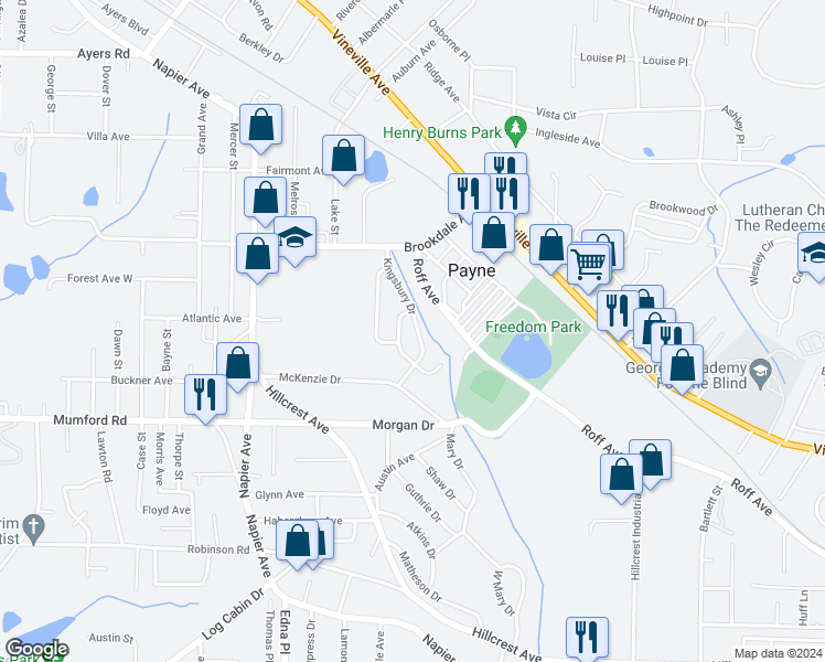 map of restaurants, bars, coffee shops, grocery stores, and more near 3472 Kingsbury Drive in Macon