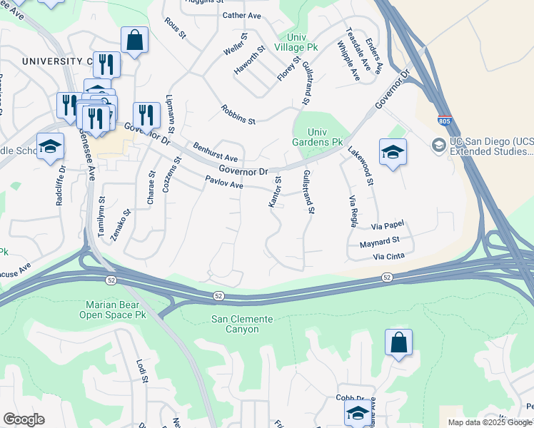 map of restaurants, bars, coffee shops, grocery stores, and more near 6052 Kantor Street in San Diego