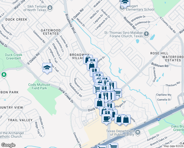 map of restaurants, bars, coffee shops, grocery stores, and more near 5335 Broadway Boulevard in Garland