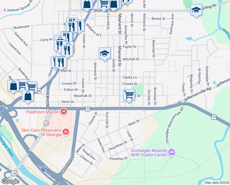 map of restaurants, bars, coffee shops, grocery stores, and more near 727 Smith Street in Macon