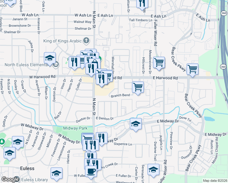 map of restaurants, bars, coffee shops, grocery stores, and more near 902 Waterford Way in Euless