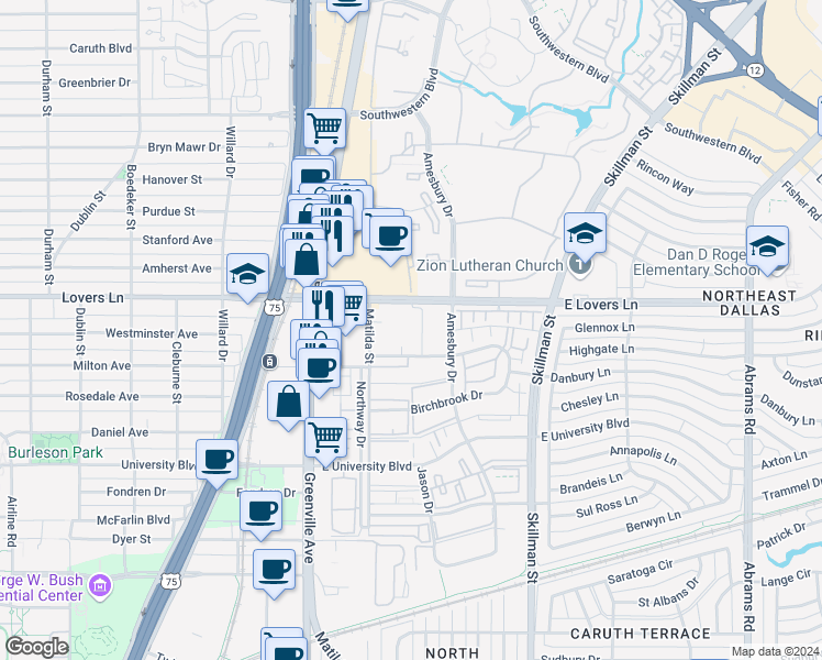 map of restaurants, bars, coffee shops, grocery stores, and more near 5936 East Lovers Lane in Dallas