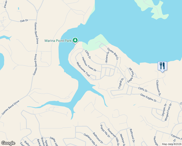 map of restaurants, bars, coffee shops, grocery stores, and more near 120 Bel-Air Loop in Graford