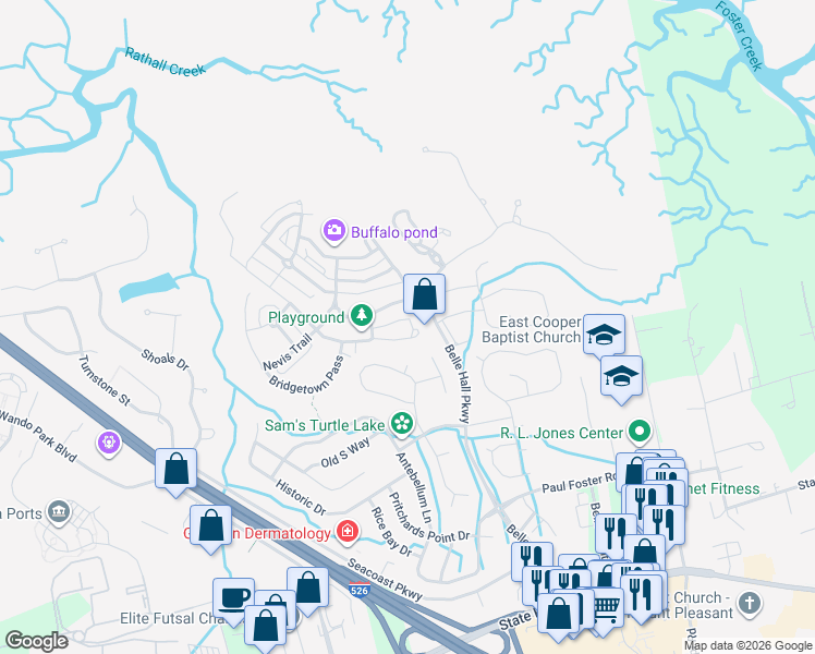 map of restaurants, bars, coffee shops, grocery stores, and more near 821 Tupelo Bay Drive in Mount Pleasant