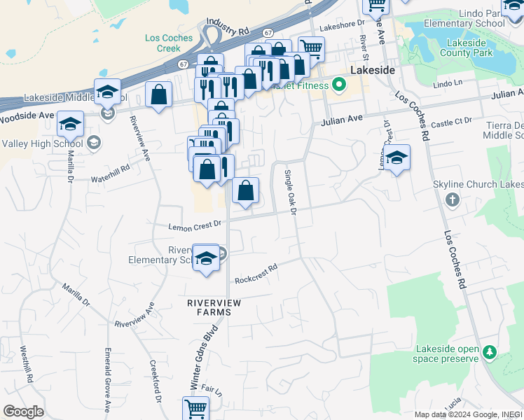 map of restaurants, bars, coffee shops, grocery stores, and more near 12168 Lemon Crest Drive in Lakeside