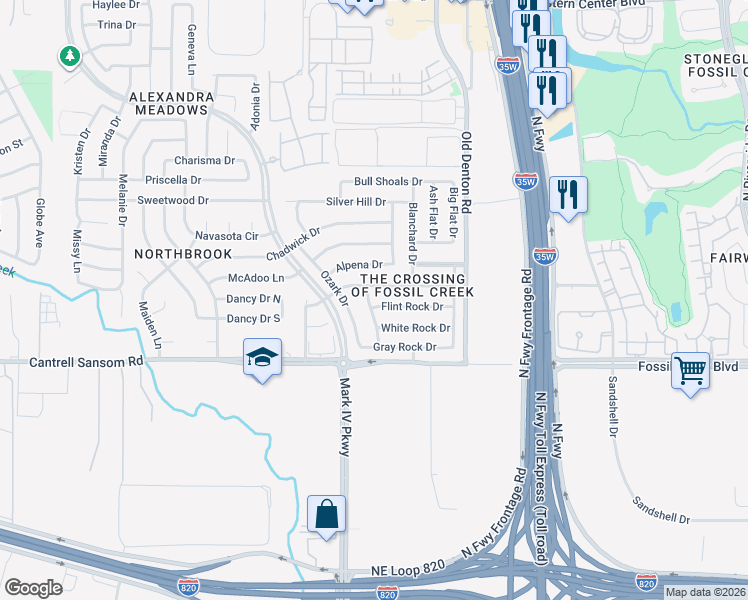 map of restaurants, bars, coffee shops, grocery stores, and more near 2701 Flint Rock Drive in Fort Worth