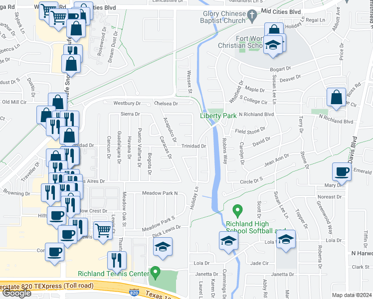 map of restaurants, bars, coffee shops, grocery stores, and more near 7116 Trinidad Drive in Fort Worth