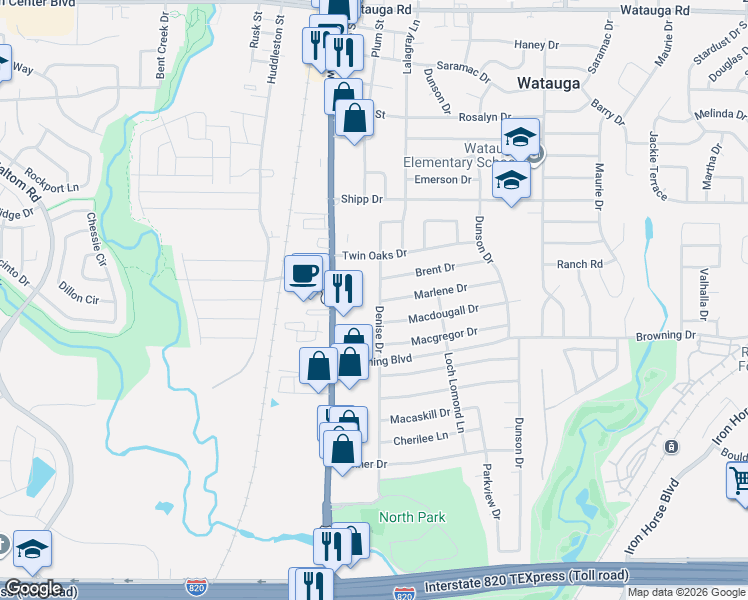 map of restaurants, bars, coffee shops, grocery stores, and more near 5604 Marlene Drive in Haltom City