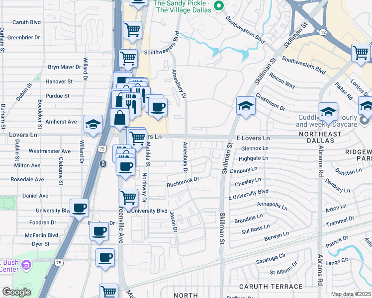 map of restaurants, bars, coffee shops, grocery stores, and more near 5200 Amesbury Drive in Dallas