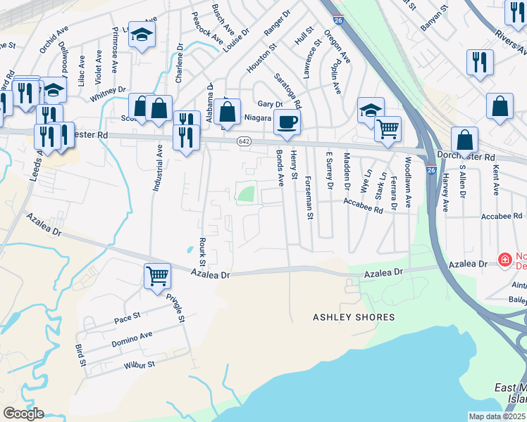 map of restaurants, bars, coffee shops, grocery stores, and more near 3933 Hilda Street in North Charleston